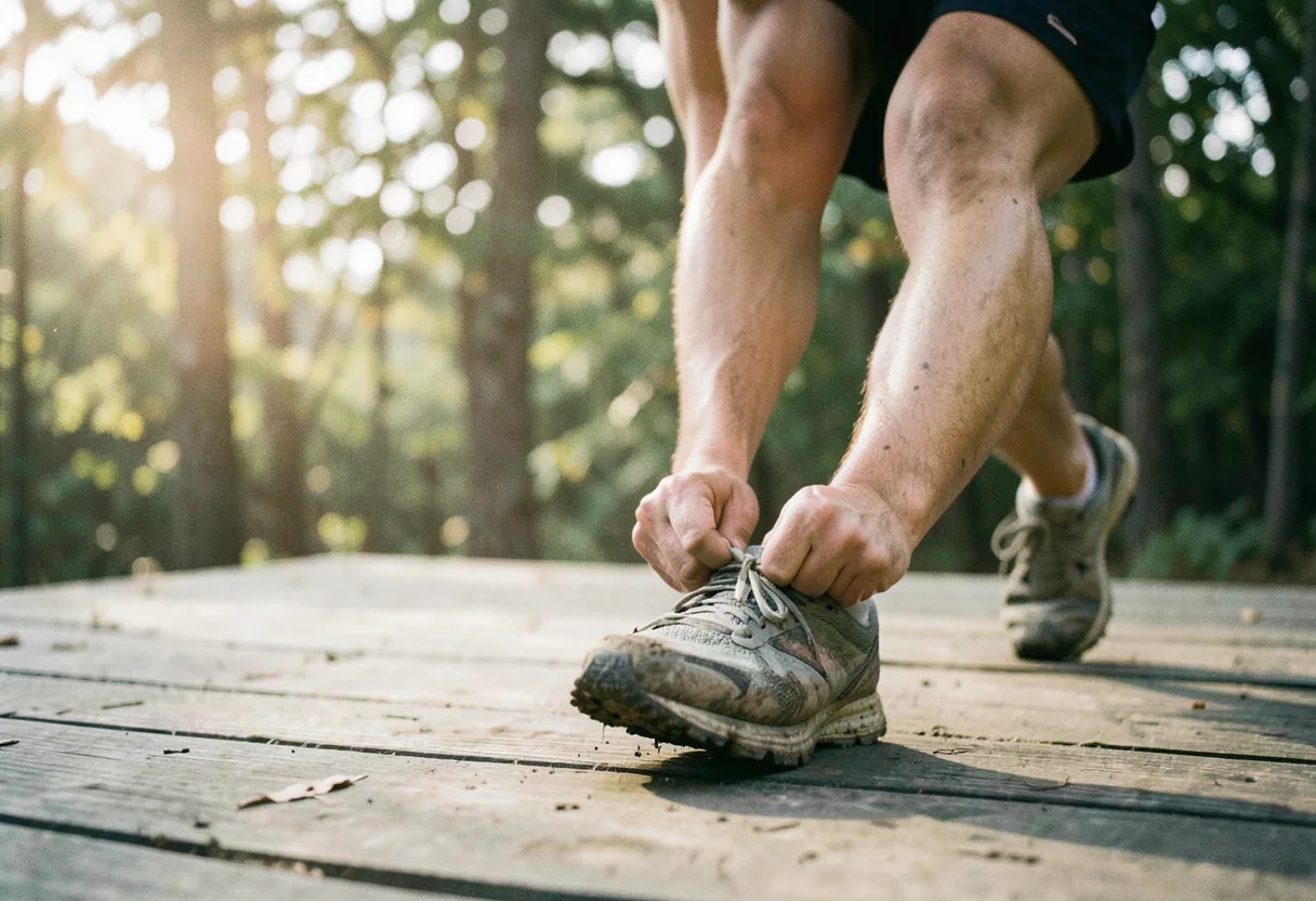 Runner adjusting shoe lace mid-stride, trail running race preparation, muted colors.