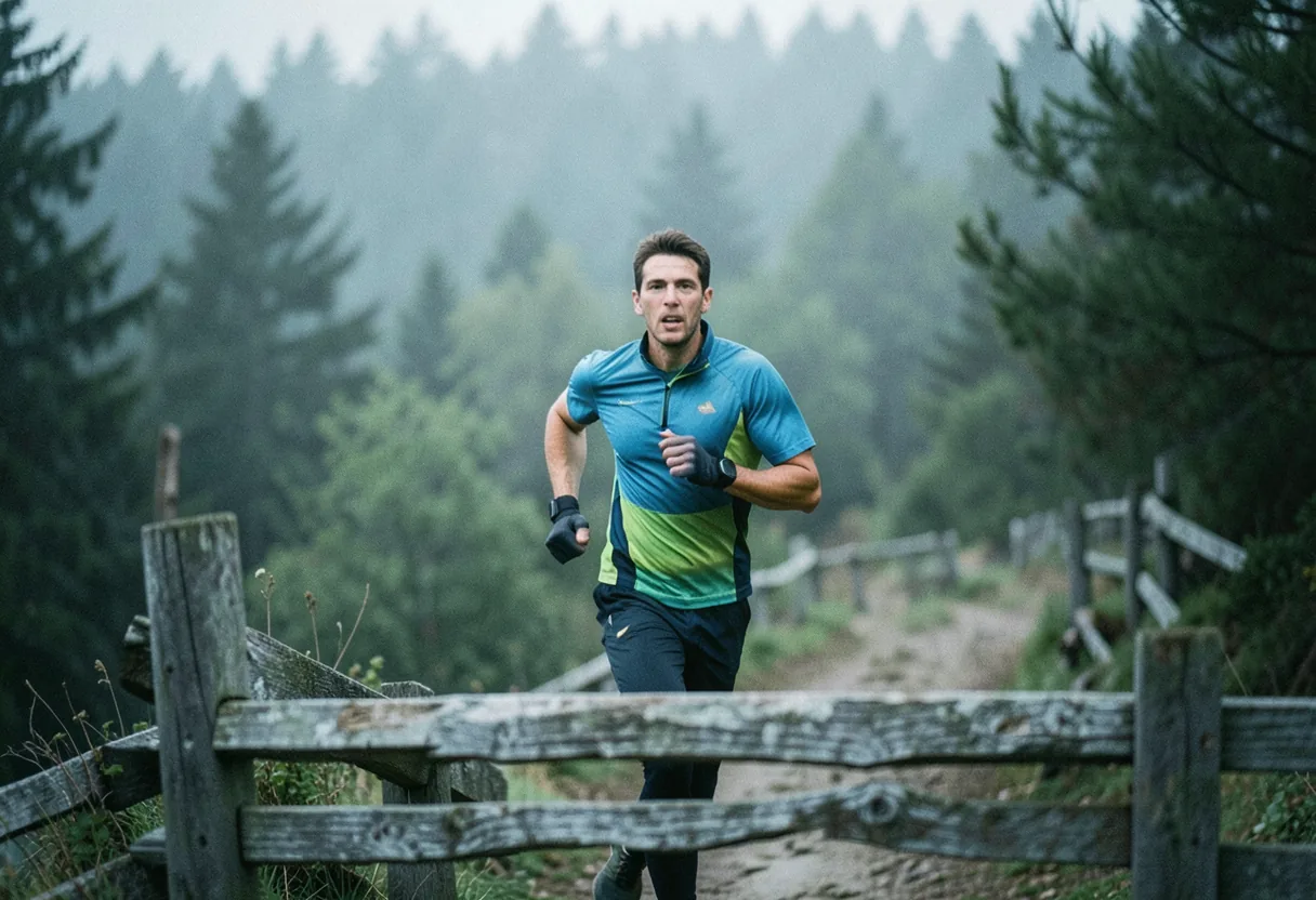Runner on winding trail, wooden fence, muted colors, natural light, weekly schedule illustration.