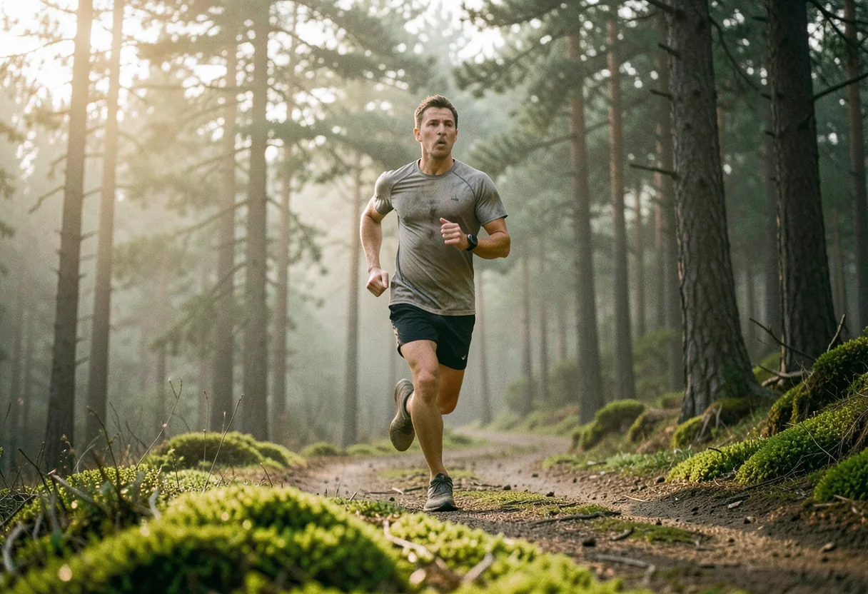 Runner on dirt trail, breath visible, trail running preparation guide.