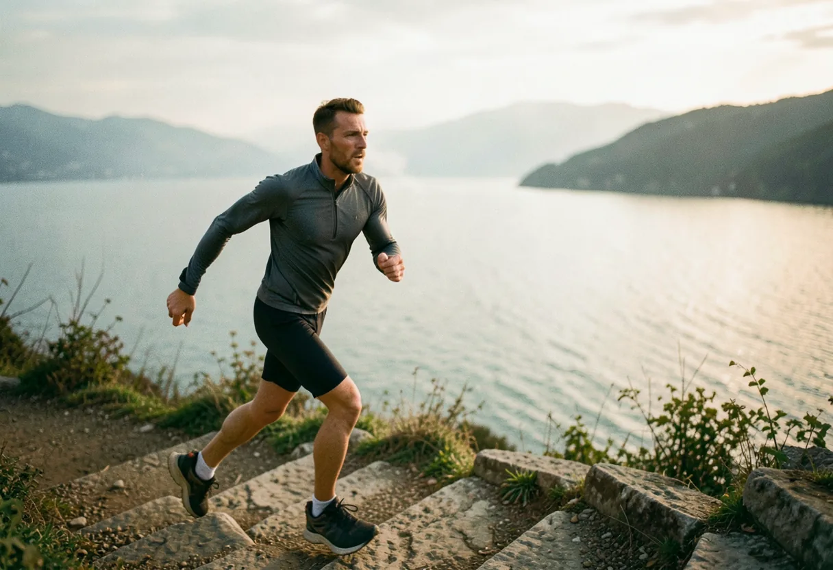 A runner breathes in cold air while cresting a hill on the Lago Maggiore Trail.