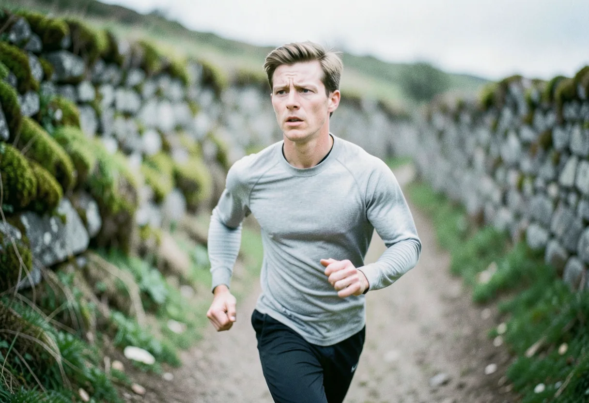 Runner on trail, light grey attire, soft natural light, beginner training.