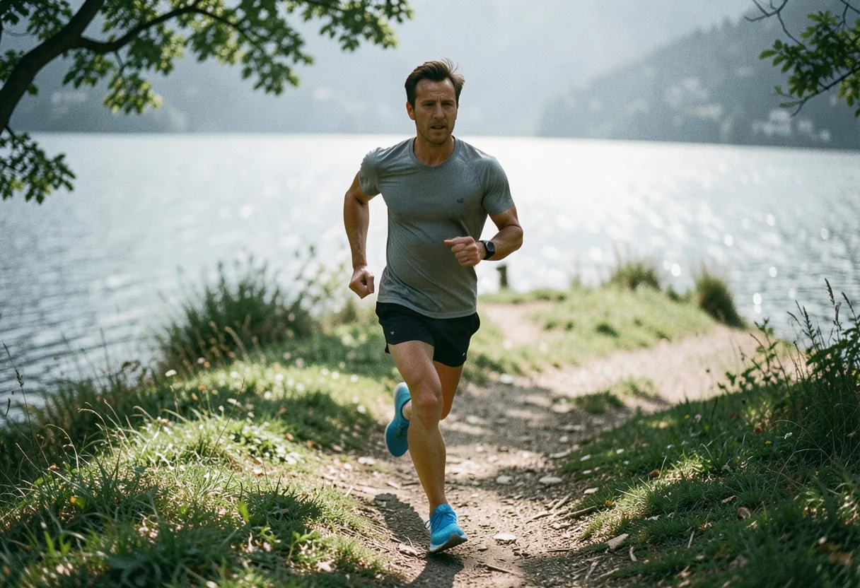 Runner in blue shoes on winding trail near Lago Maggiore, beginner trail running plan.