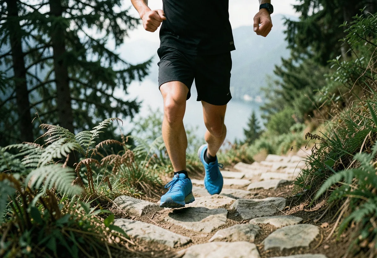 Trail runner in blue shoes with aggressive lugs on a misty trail, best trail running shoes Lago Maggiore