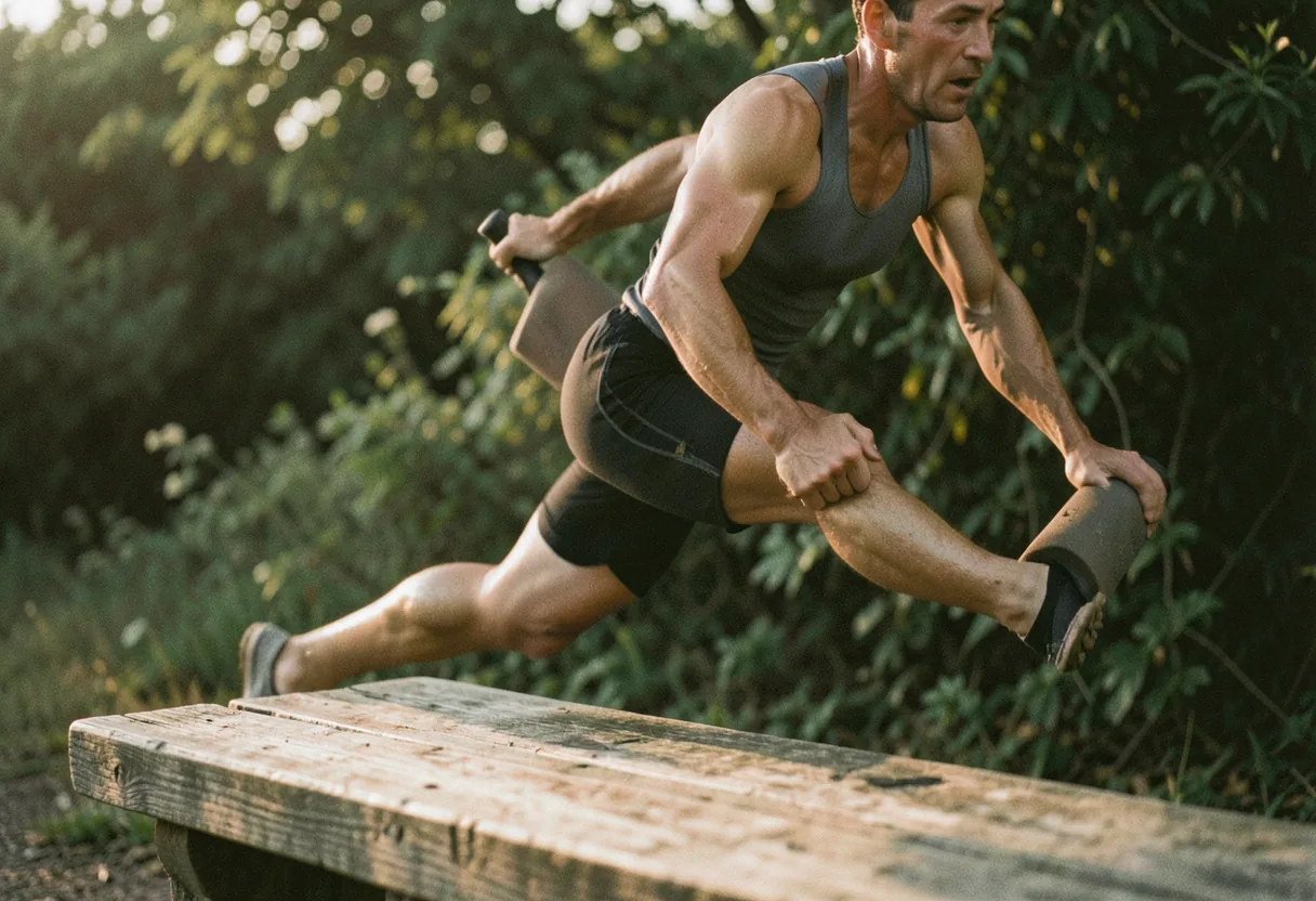 Trail runner using foam roller on a trail, addressing knee pain.