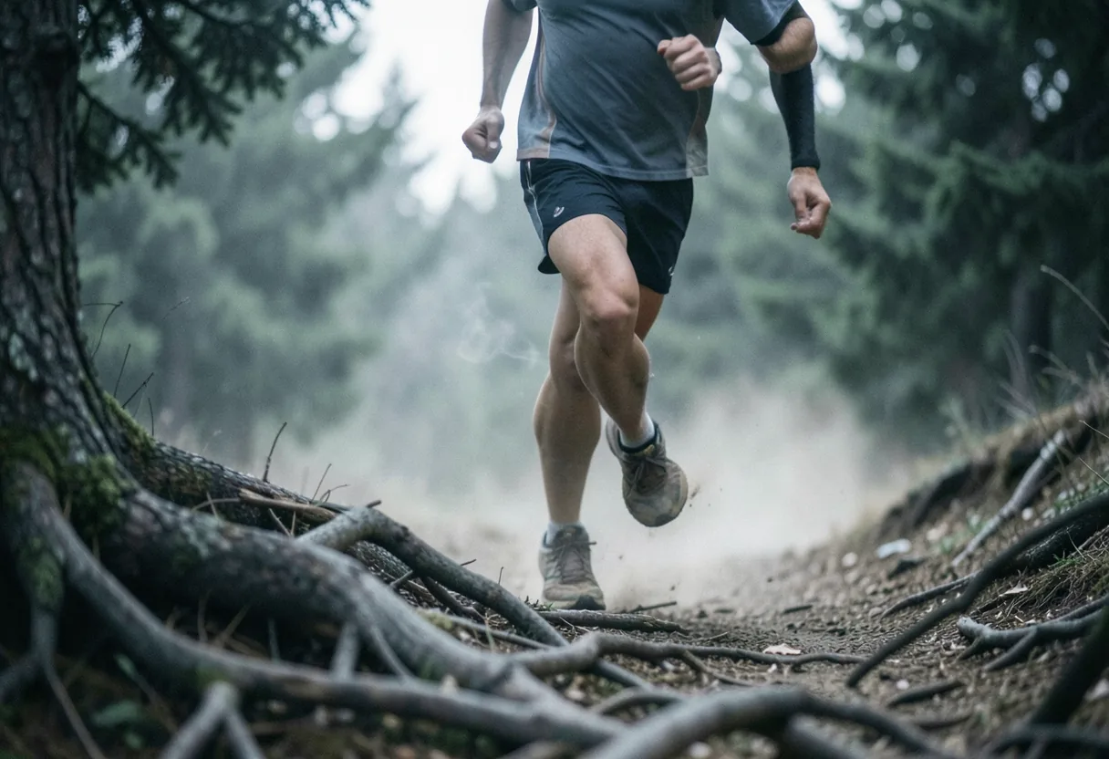 Trail runner in motion, dust rising from worn shoes, essential gear visible.