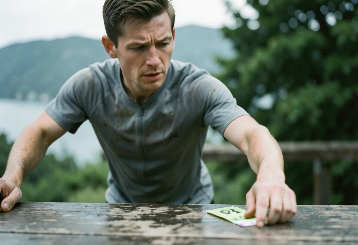 Runner grabbing race bib at event booth, Lago Maggiore Trail.