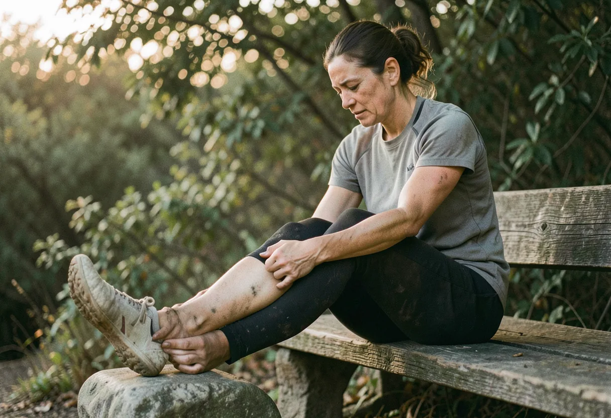 Runner rests on bench post long trail run, recovery, tired legs, nature.