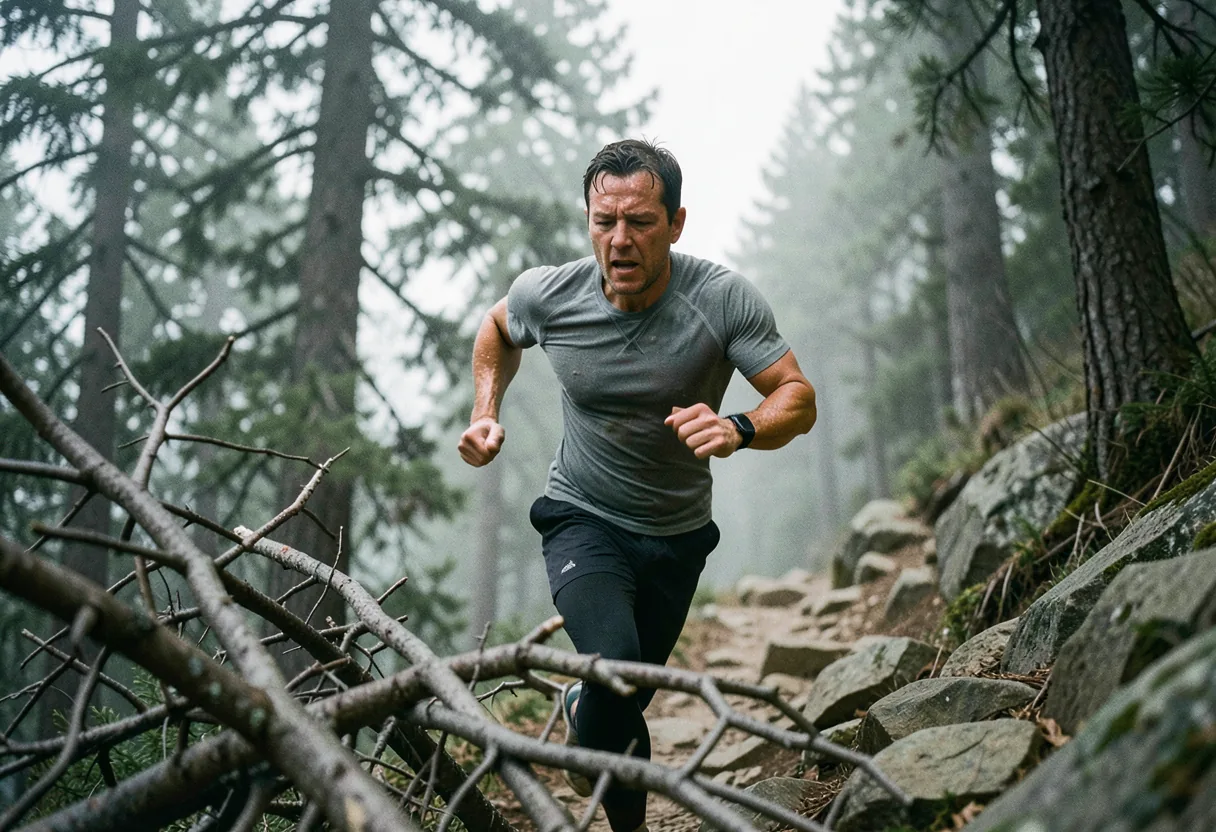 Runner ascends rocky trail, arms pumping, determined expression, mountain trail running training.