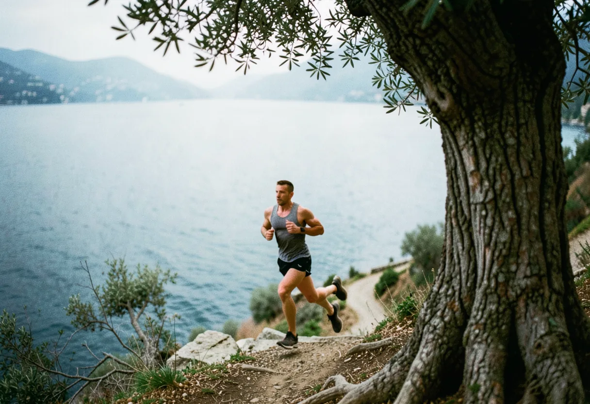 Runner ascends winding trail along Lago Maggiore, Italy. Trail running event guide.