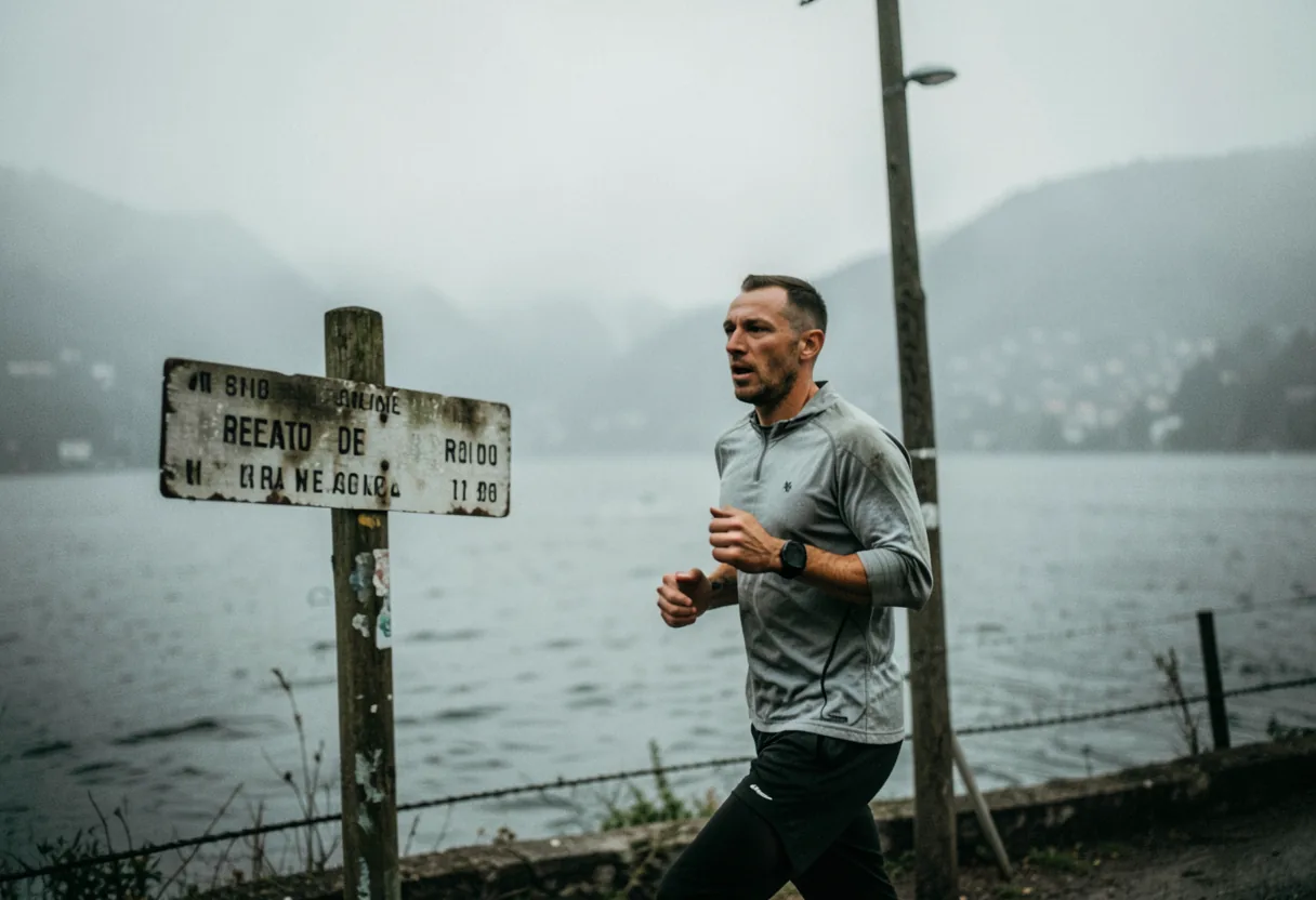Runner mid-stride on Lago Maggiore Trail Race, cloudy morning, technical shirt, desaturated colors.