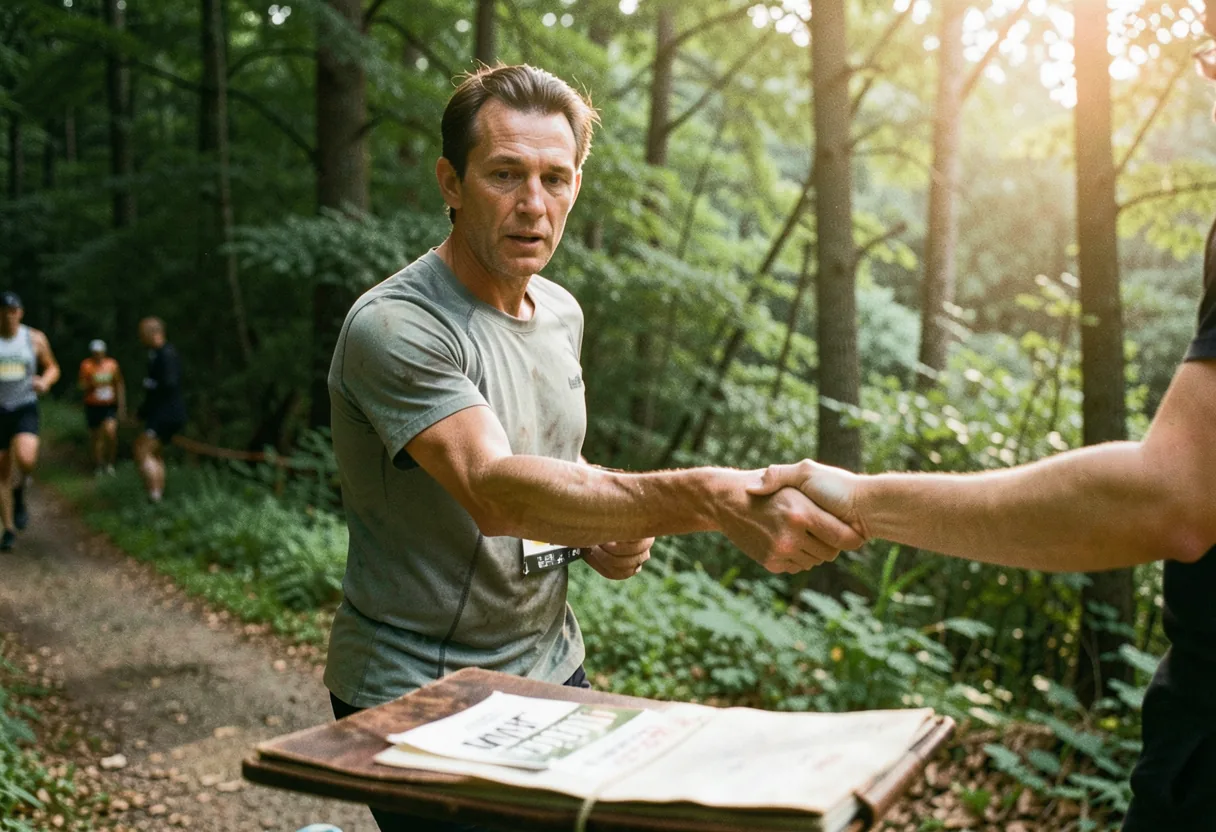 Organizer hands bib to runner on dirt path, Lago Maggiore Trail Race.