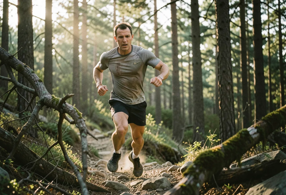 Trail runner in mid-stride, determined expression, Lago Maggiore Trail Running Race Highlights.