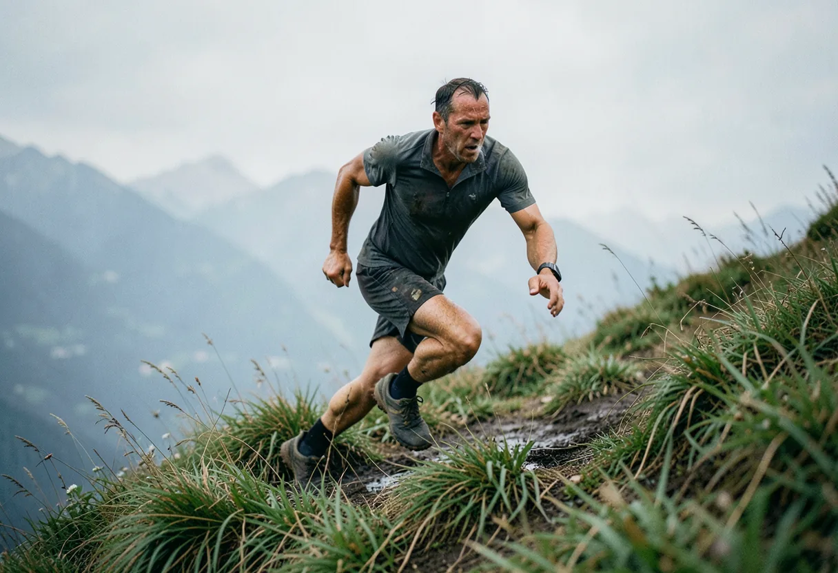 Trail runner cresting hill, Lago Maggiore, muted colors, soft light, race review 2024.