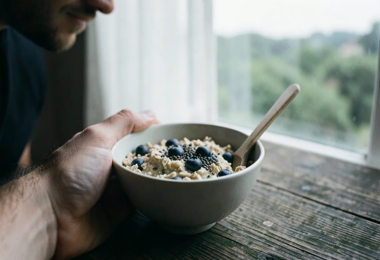 A runner's hand holding a bowl of oatmeal, pre-race meal plan for trail running.