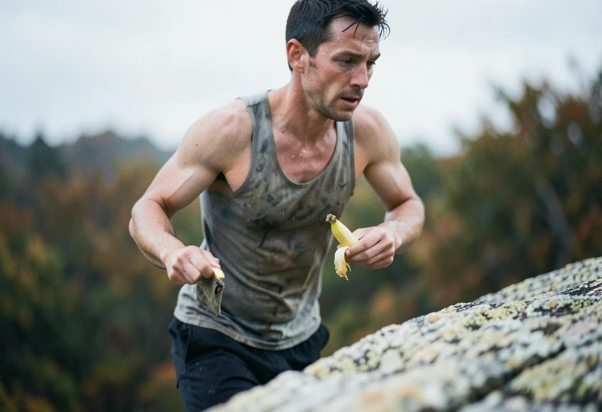 Trail runner pauses, choosing between energy gels and real food on the run.