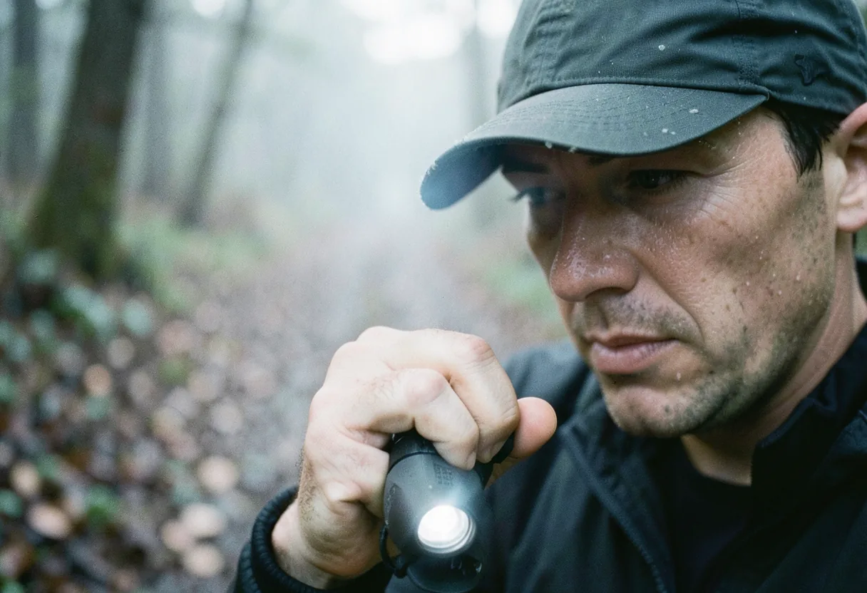 Runner's hand adjusting compact trail running headlamp at dawn.