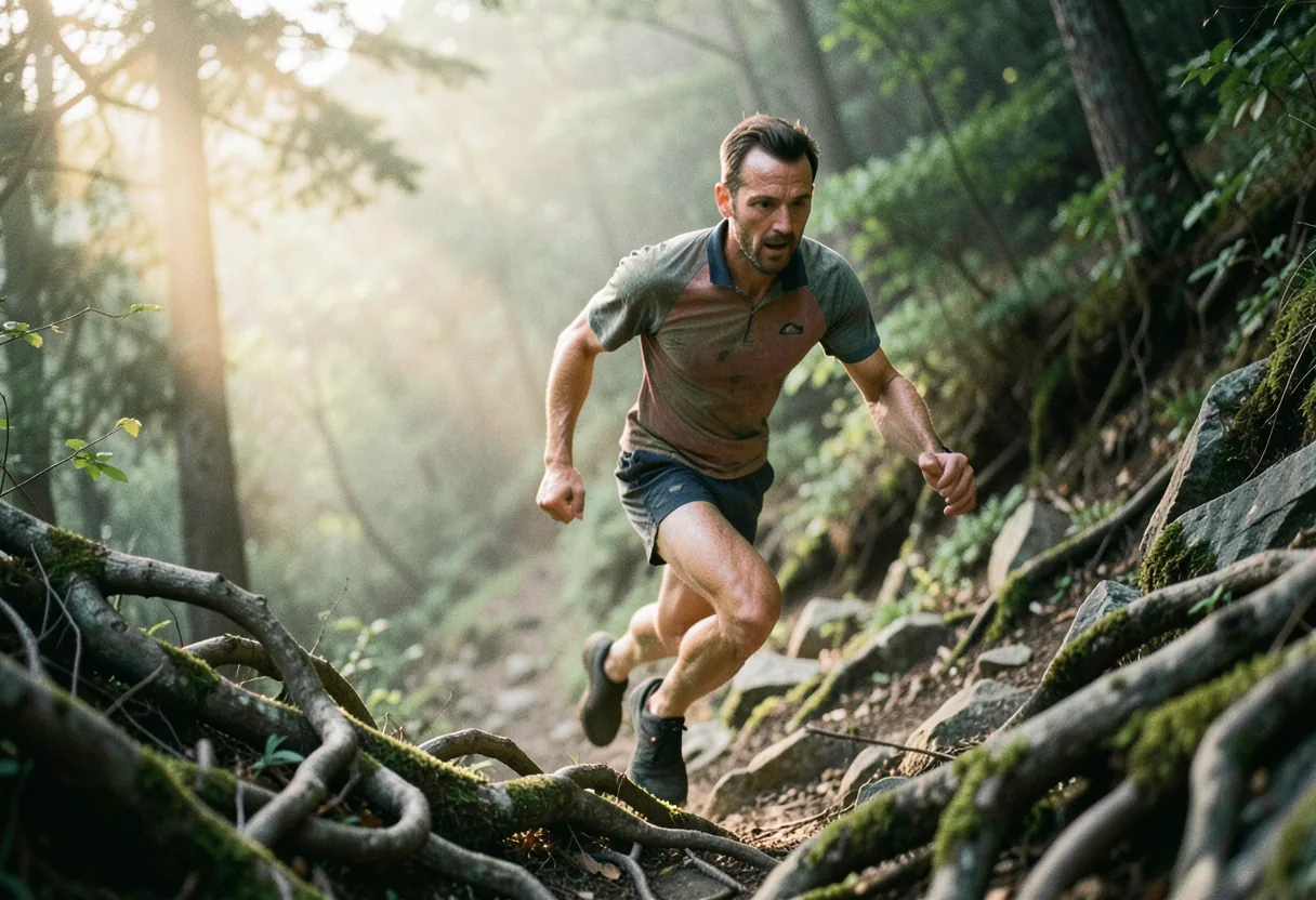 Runner ascending rocky trail in vibrant gear, hill training, Verbano Cusio Ossola.