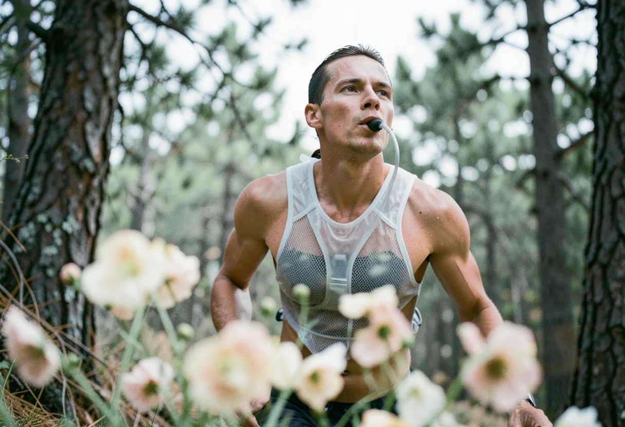 Runner sipping from hydration vest on summer trail, hydration strategy for summer.