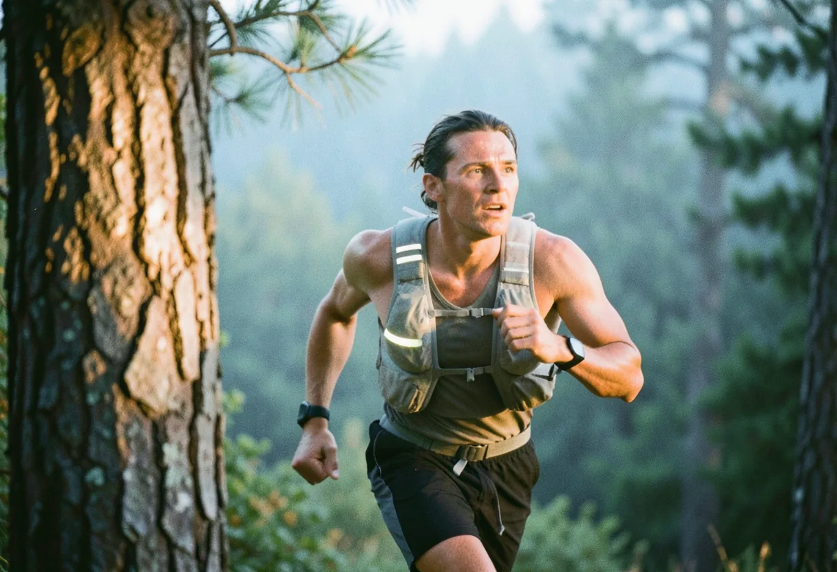 Runner in hydration vest, reflective strips visible, trail running, guide illustration.