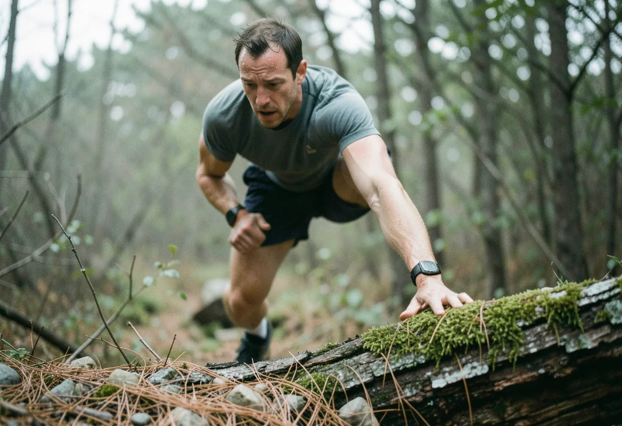 Trail runner stretching calf on mossy trail, injury prevention tips.