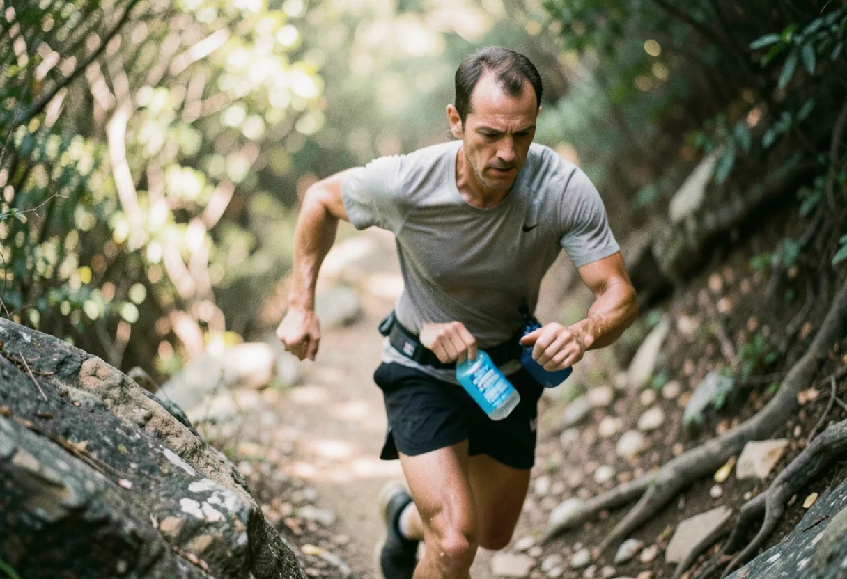 Trail runner grabbing blue gel from waist pack during race, nutrition plan.