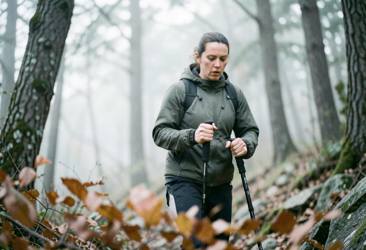 Runner adjusting wrist strap on carbon fiber trail running poles in muted lighting.