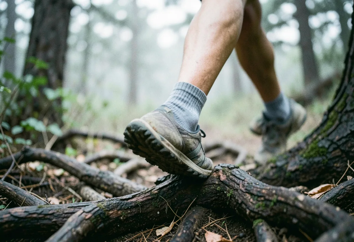 A runner's foot mid-stride on rocky terrain, wearing sturdy, cushioned trail socks.