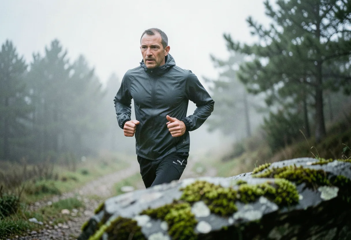 Runner in waterproof jacket on misty Piedmont trail.